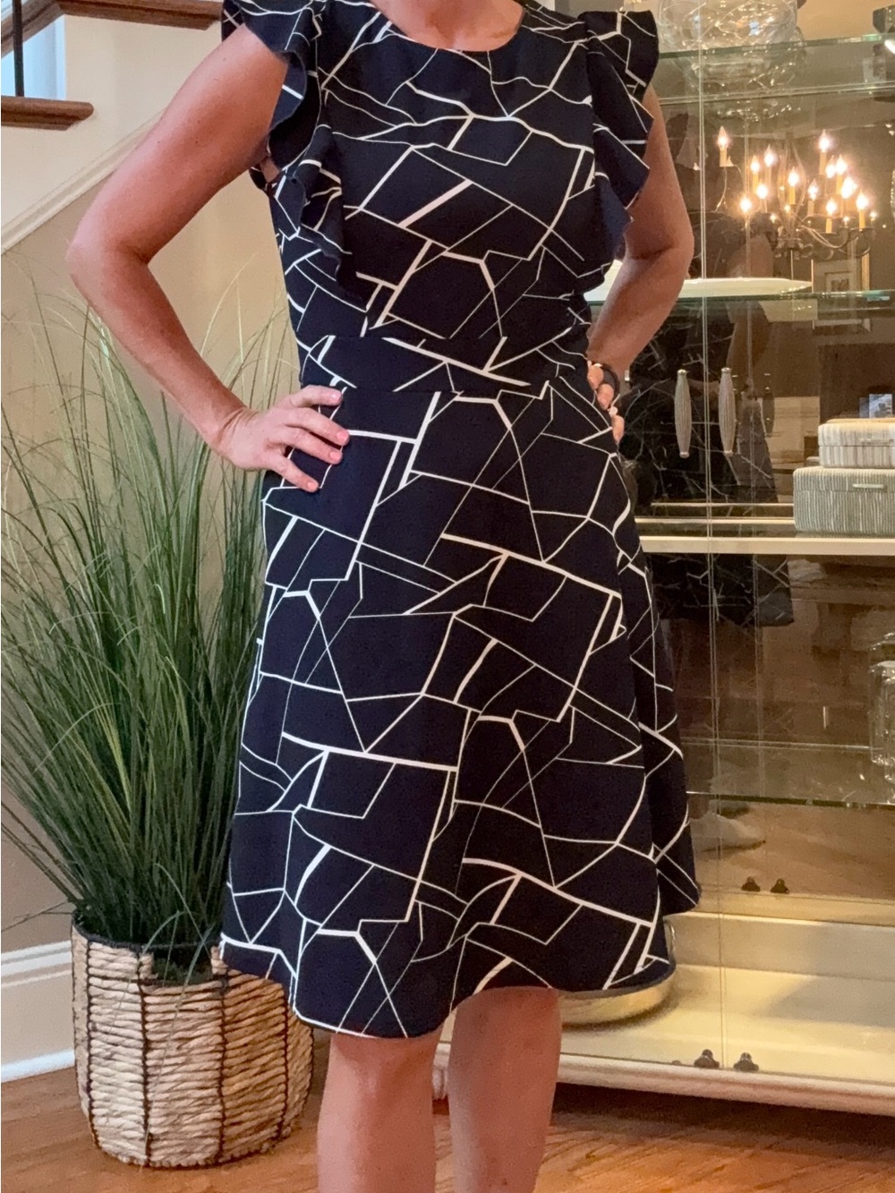 Classic Navy & White Geometric Flutter-Sleeve Dress